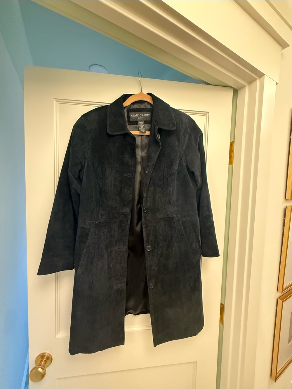 Centigrade Black Suede Leather Overcoat Mid-Length, petite small, Y2K style